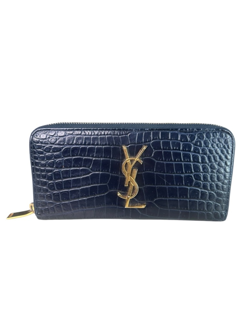 Yves Saint Laurent Navy Croc-Embossed Zip Wallet with Gold YSL Emblem